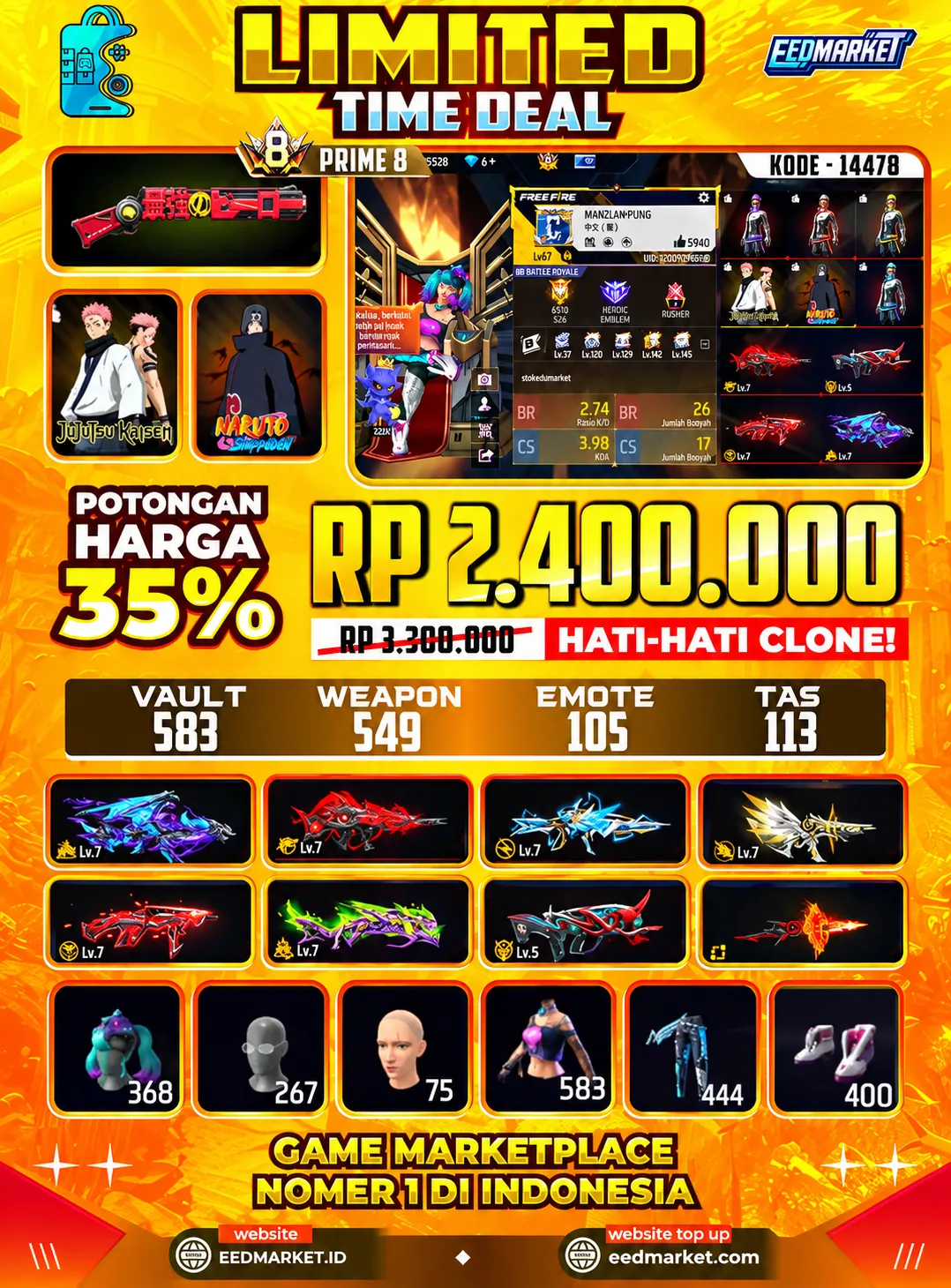 SG2 9 RASA OPM ON, SENJATA EVO 7 MAX 6, BUNDLE LANGKA ON, TAS SAYAP, MASKER JOKER, VAULD 583, PEIME 8,