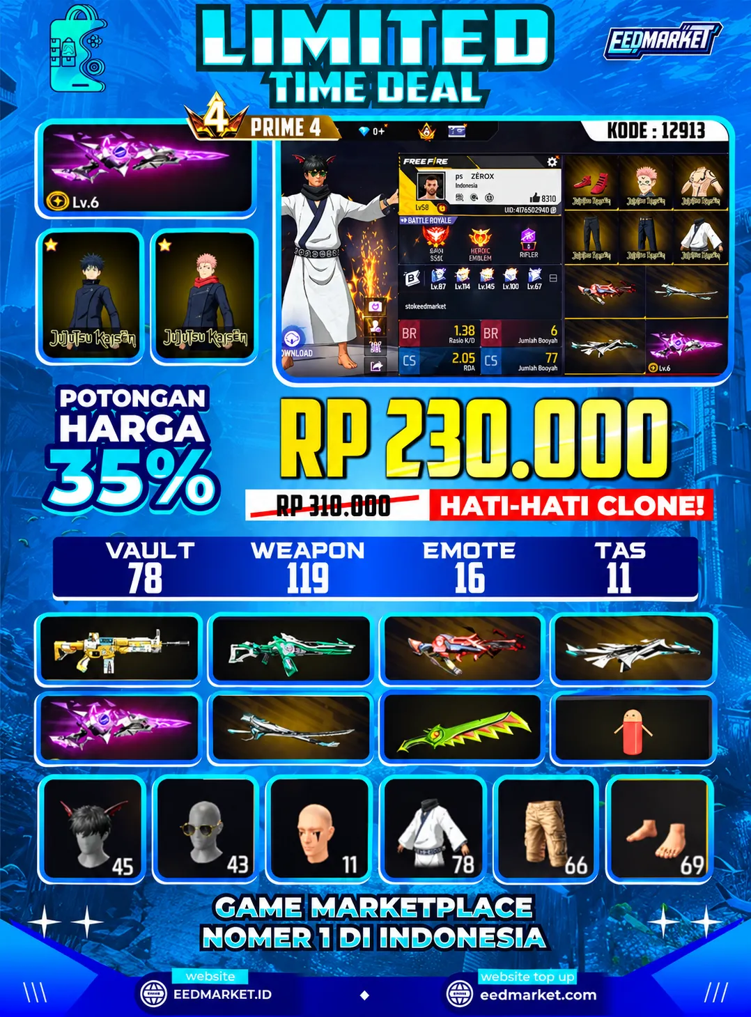 SG2 EVOGUND LVL6, JENGGOT BNL KW, BUNDLE JUJUTSU KAISEN,      RAMBUT KAKASIH, VAULD 78, PRIME 4,