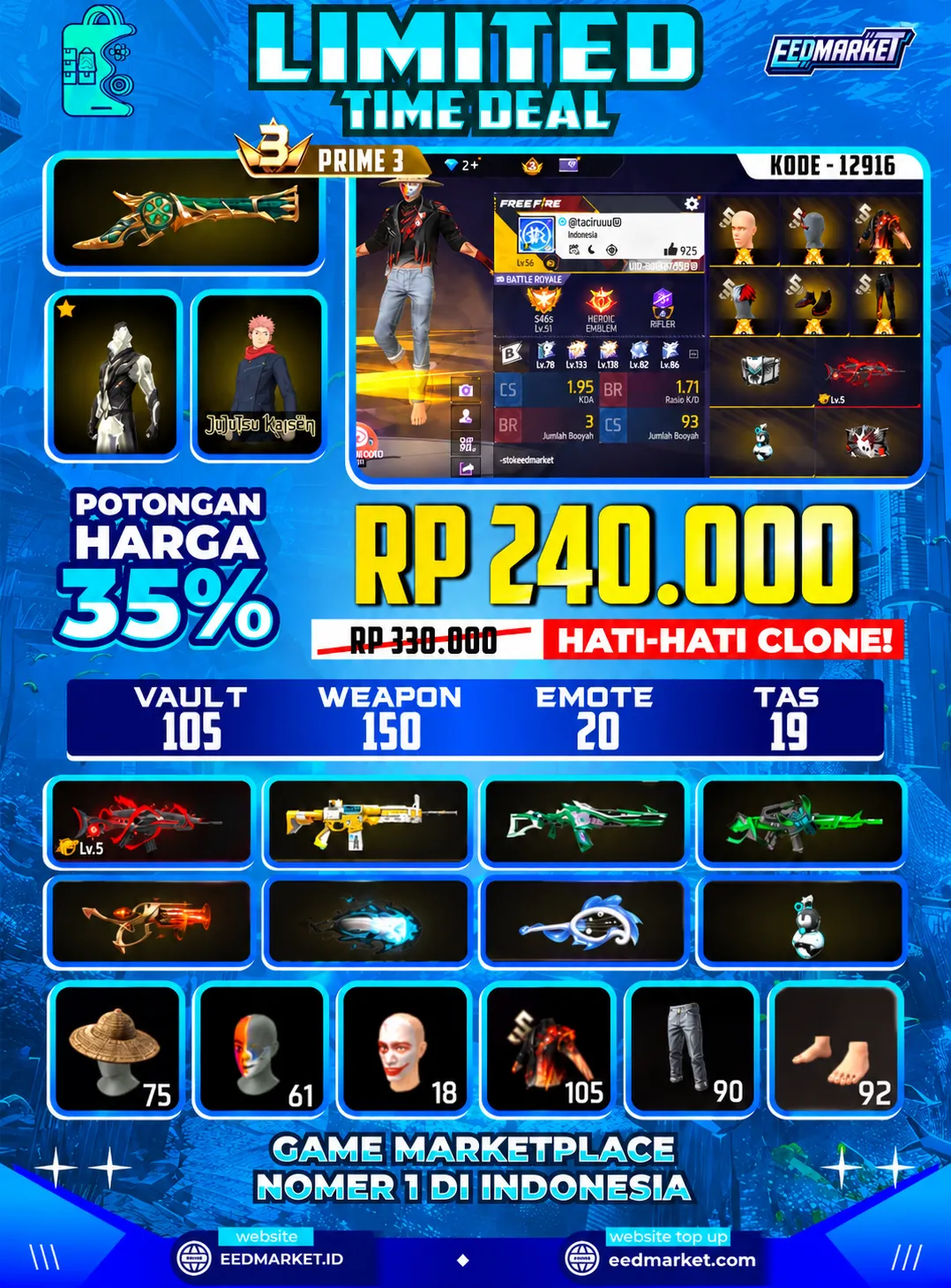 SG2 TROMPET, EVO SCAR LVL5, TOPI JERAMI, EMOT RAJA OLD, VAULD 105, PRIME 3,