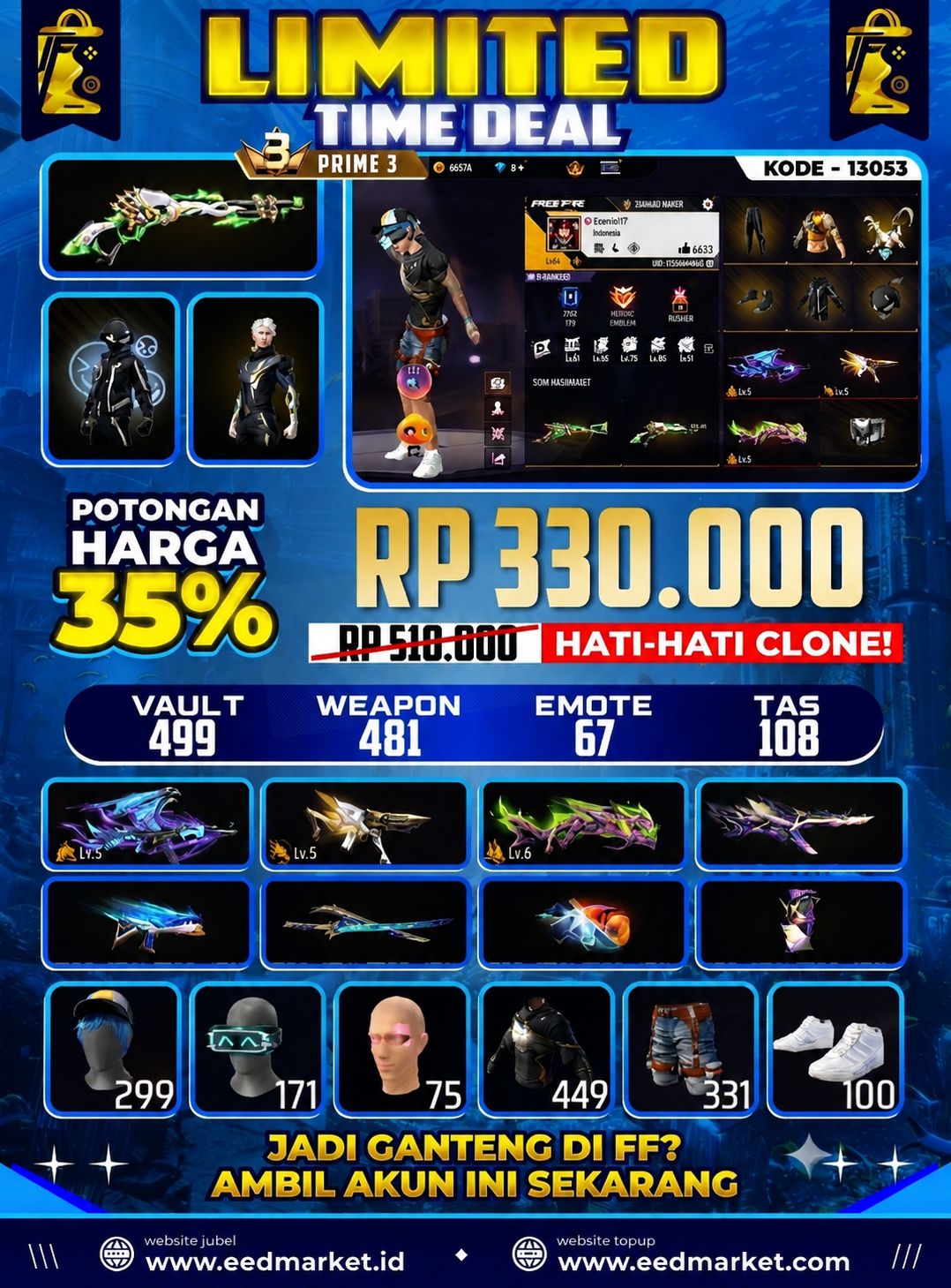PRIME 3 EVO 3 AK47 DRACO LEVEL LEVEL 5 MP5 EVO LEVEL 5 SG PANJANG EVO LEVEL 6 SG LUMUT VAULT 500 WEAPON 450+