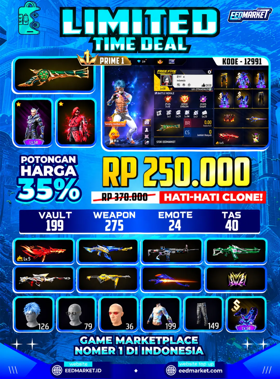 SG2 TROMPET, BUNDLE LELANG ON, SKIN AWM ON, EVOGUND LVL4, VAULD 126, PRIME 1,