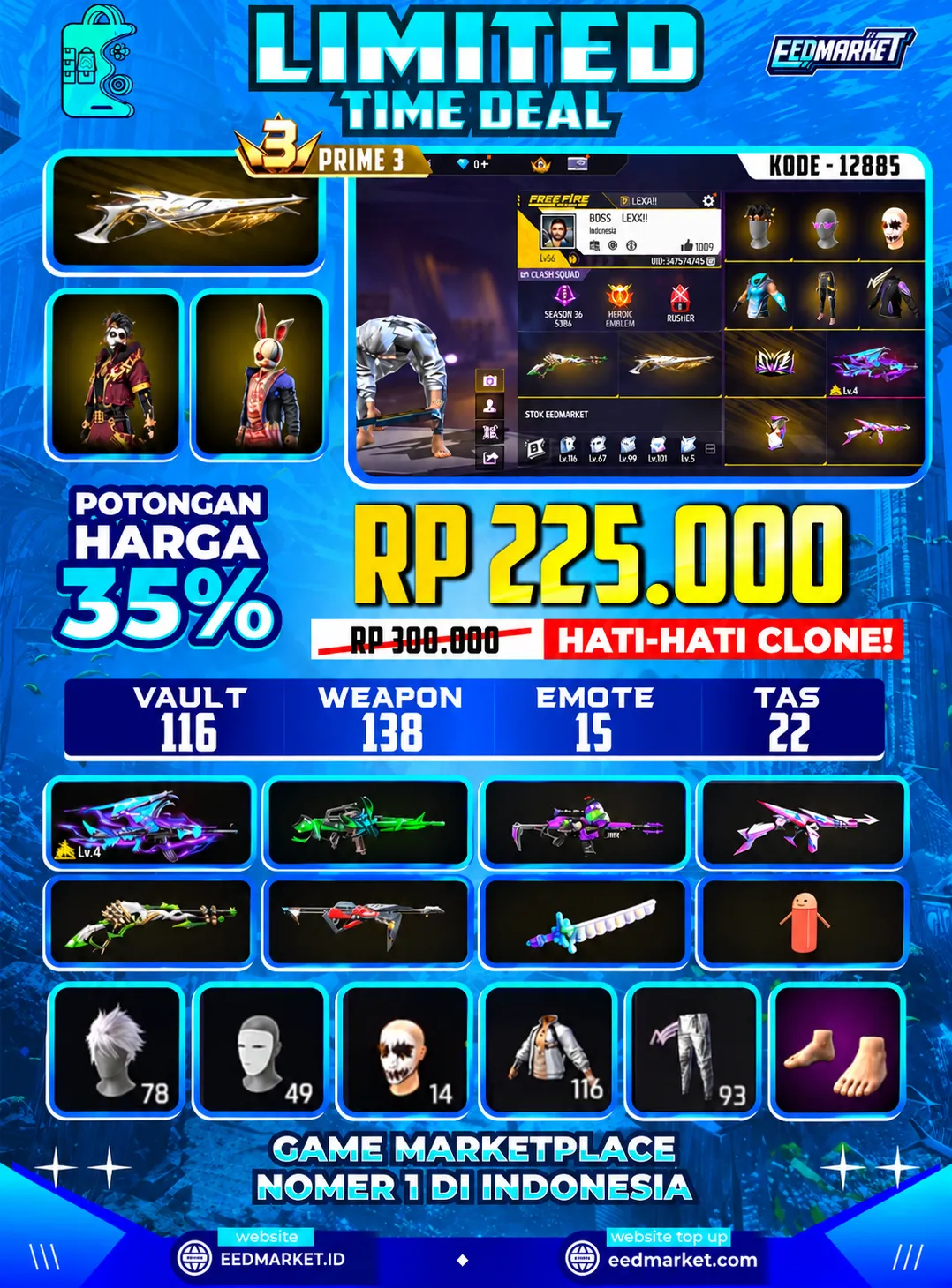 SG2 GURUN + LUMUT, EVO AK DRAKO LVL4, MASKER JOKER, RAMBUT KAKASIH, VAULD 116, PRIME 3,
