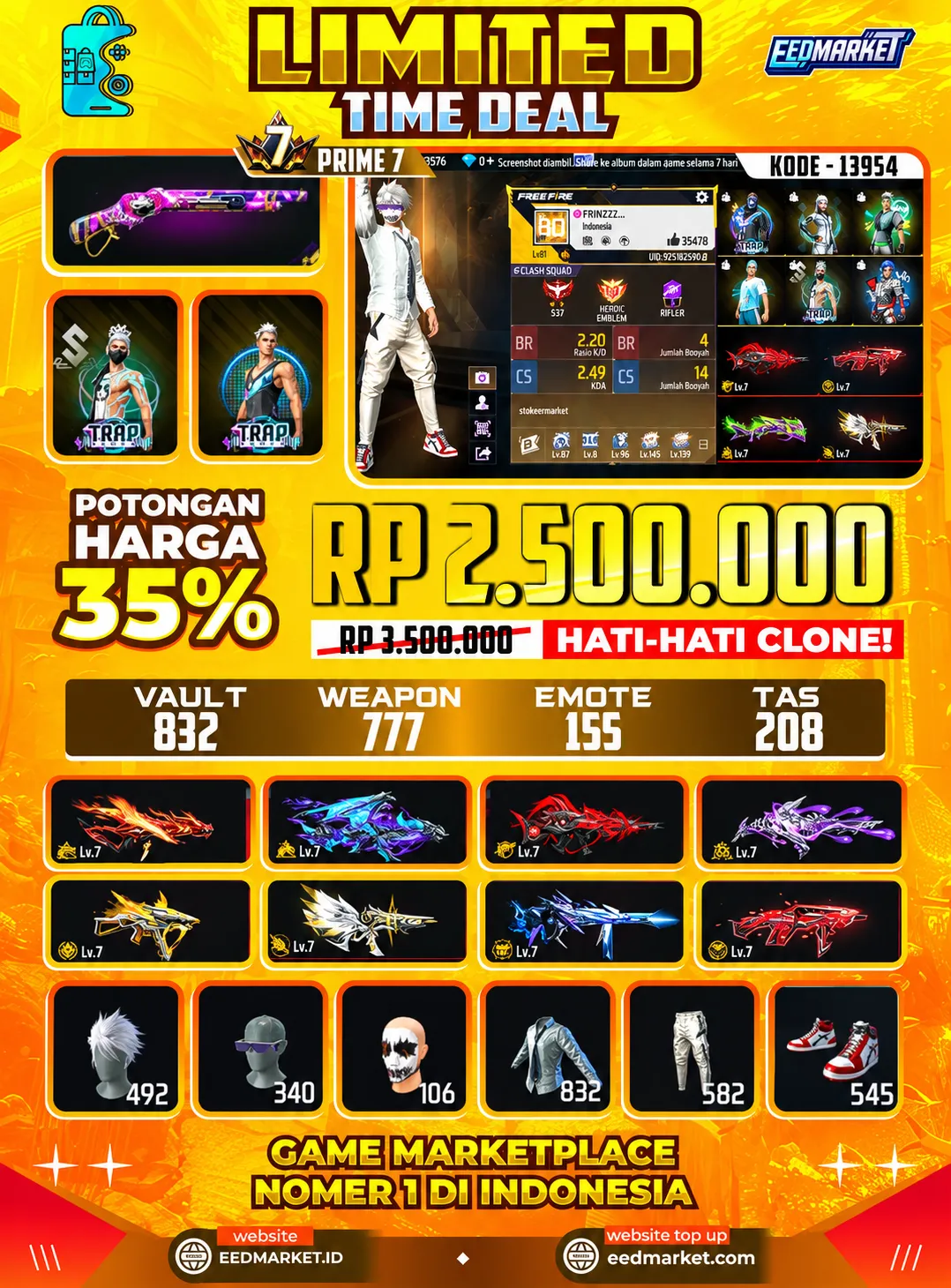 SG2 REPER EVO MAX LUMUT, TOTAL SENJATA EVOGUND MAX 10, BAJU KEMEJA PUTIH, TAS KELINCI, MASKER JOKER, BUNDLE OLD + LANGKA, VAULD 832, PRIME 7,