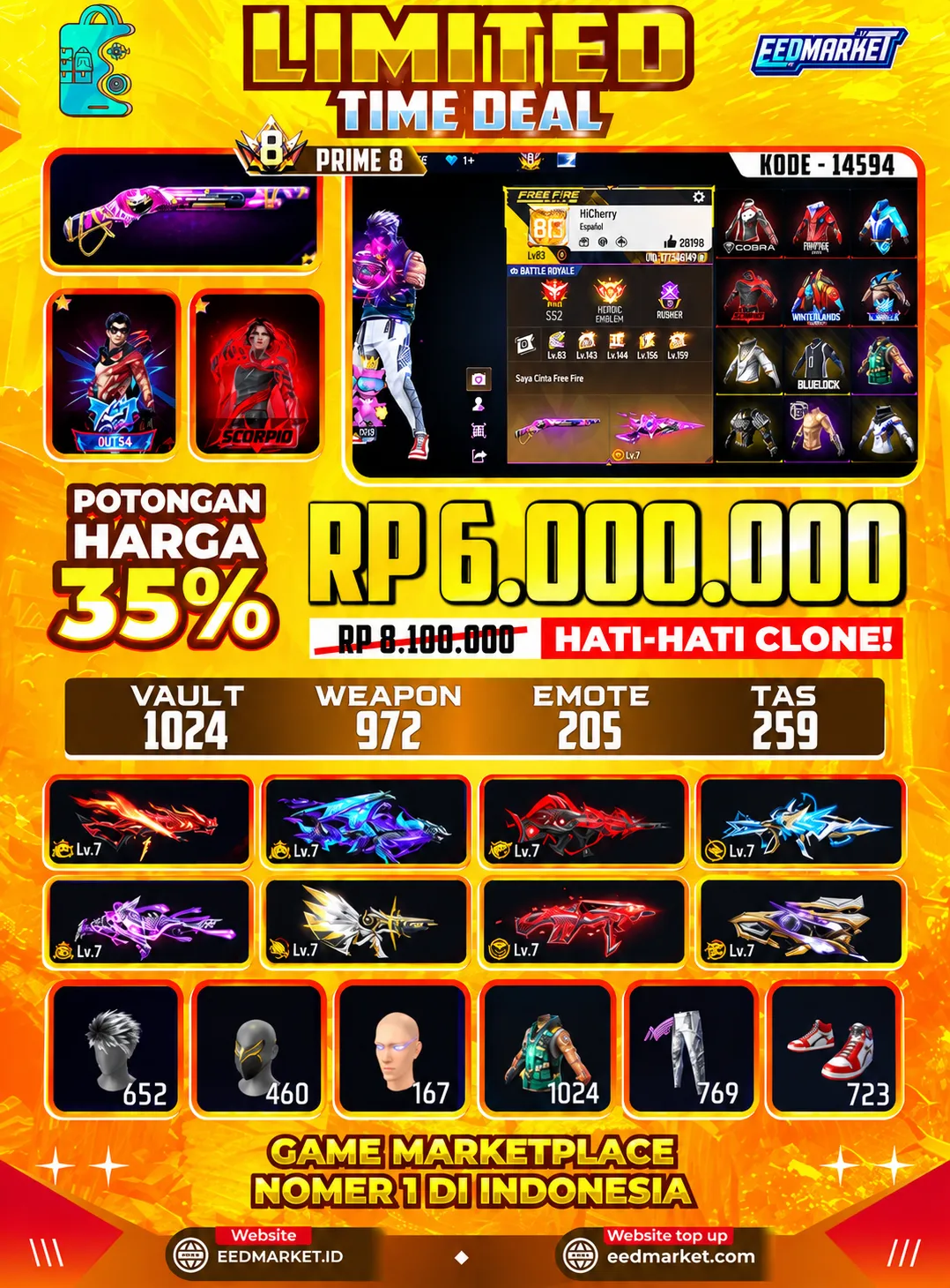 SG2 REPER EVO MAX, TOTAL SENJATA EVOGUND 19 MAX 16, BUNDLE BANYAK, BAJU KEREN + LANGKA, VAULD 1024, PRIME 8,