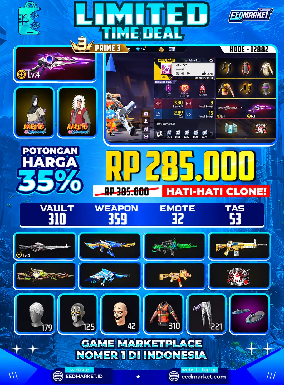 SG2 EVO LVL4, EVO M60 LVL3, BUNDLE NARUTO 2, CELANA ANGEL, VAULD 310, PRIME 3,