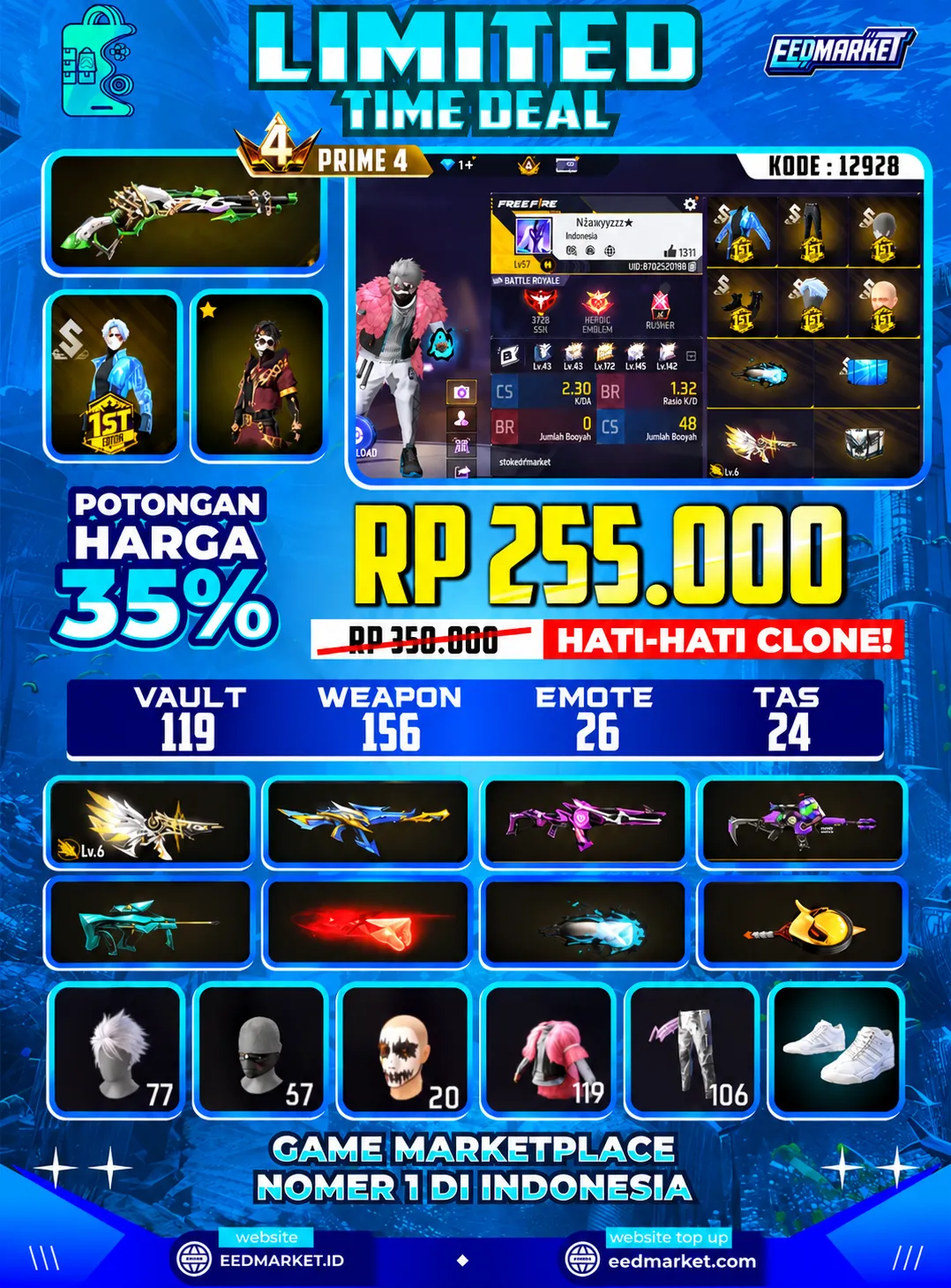 SG2 LUMUT EVO MP5 LVL6 MASKER JOKER RAMBUT KAKASIH VAULD 119 PRIME 4