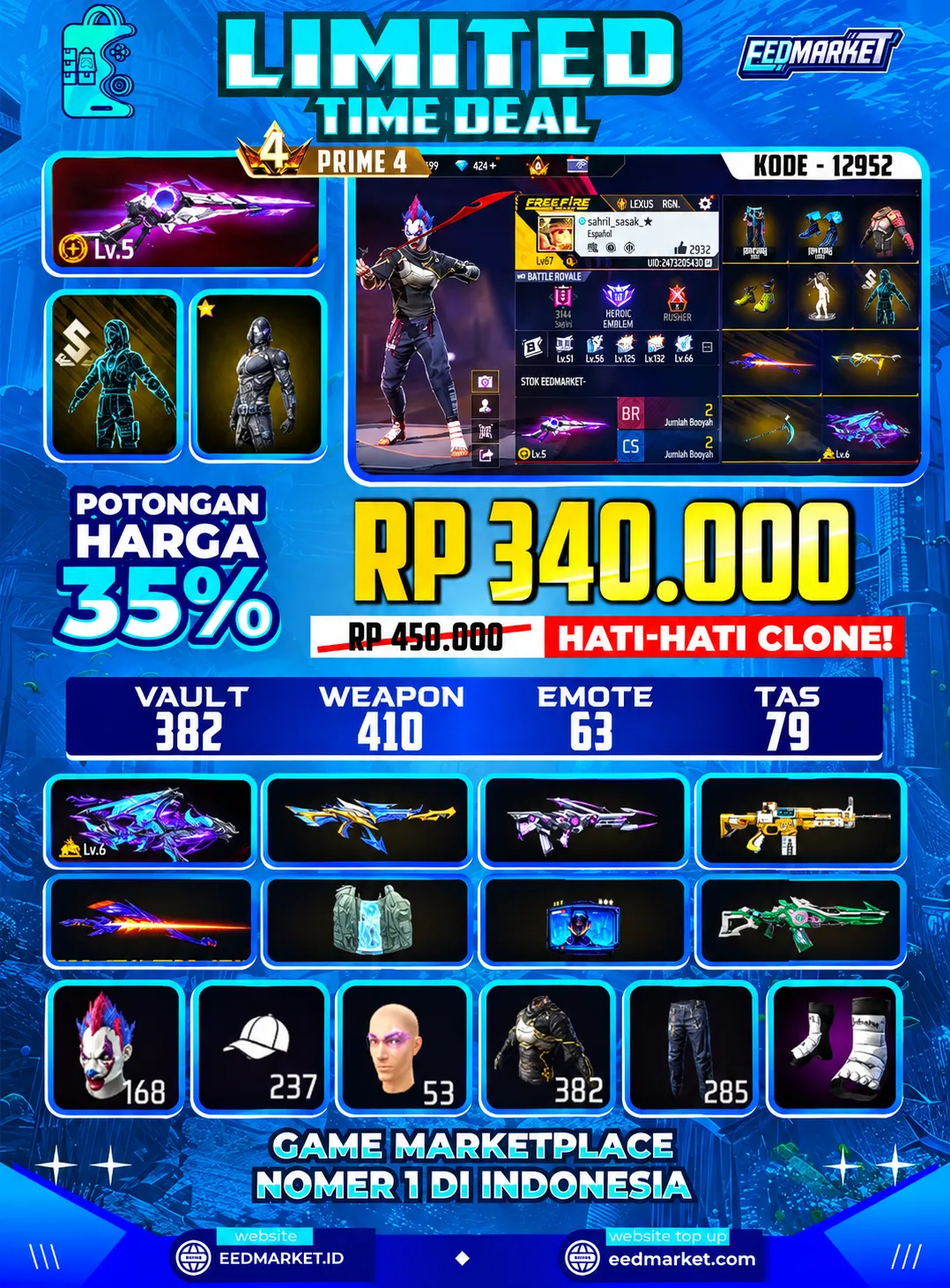 SG2 3 RASA, SG EVO LV5, AK DRAKO LV6, DM UTUH 400+, BUNDLE BANDIT ON, VAULD  382, PRIME 4,