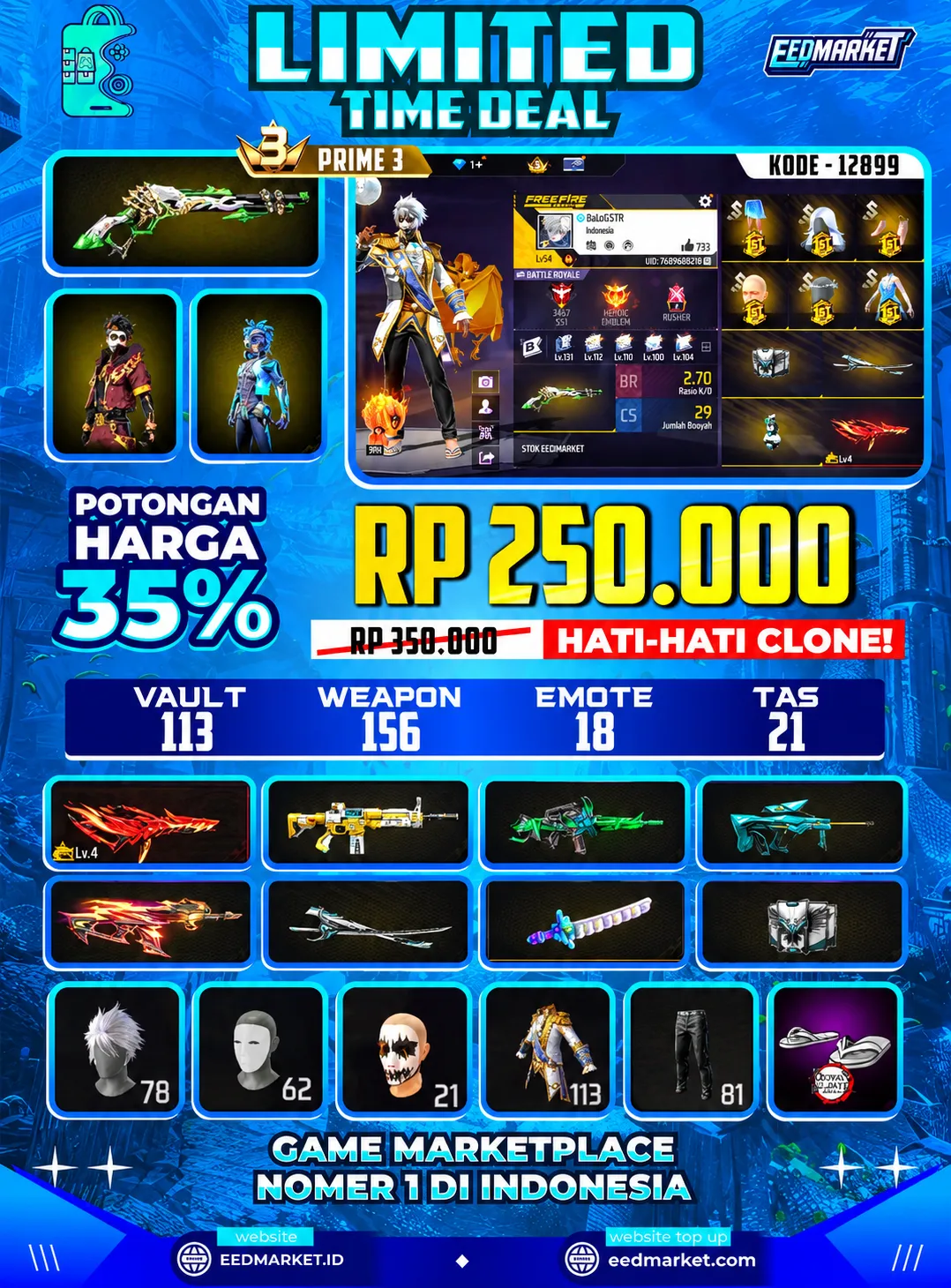 SG2 LUMUT, EVO M4A1 LVL4, MASKER JOKER, RAMBUT KAKASIH, TAS KELINCI, VAULD 113, PRIME 3,