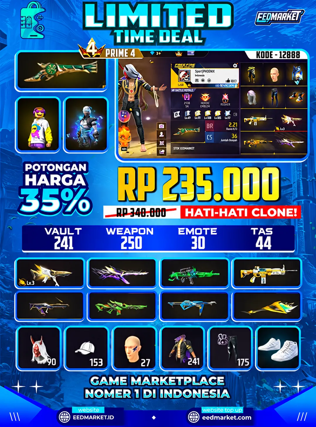 SG2 TROMPET, EVO MP5 LVL3, KEPALA BUDI ON, RAMBUT KAKASIH, VAULD 241, PRIME 4,