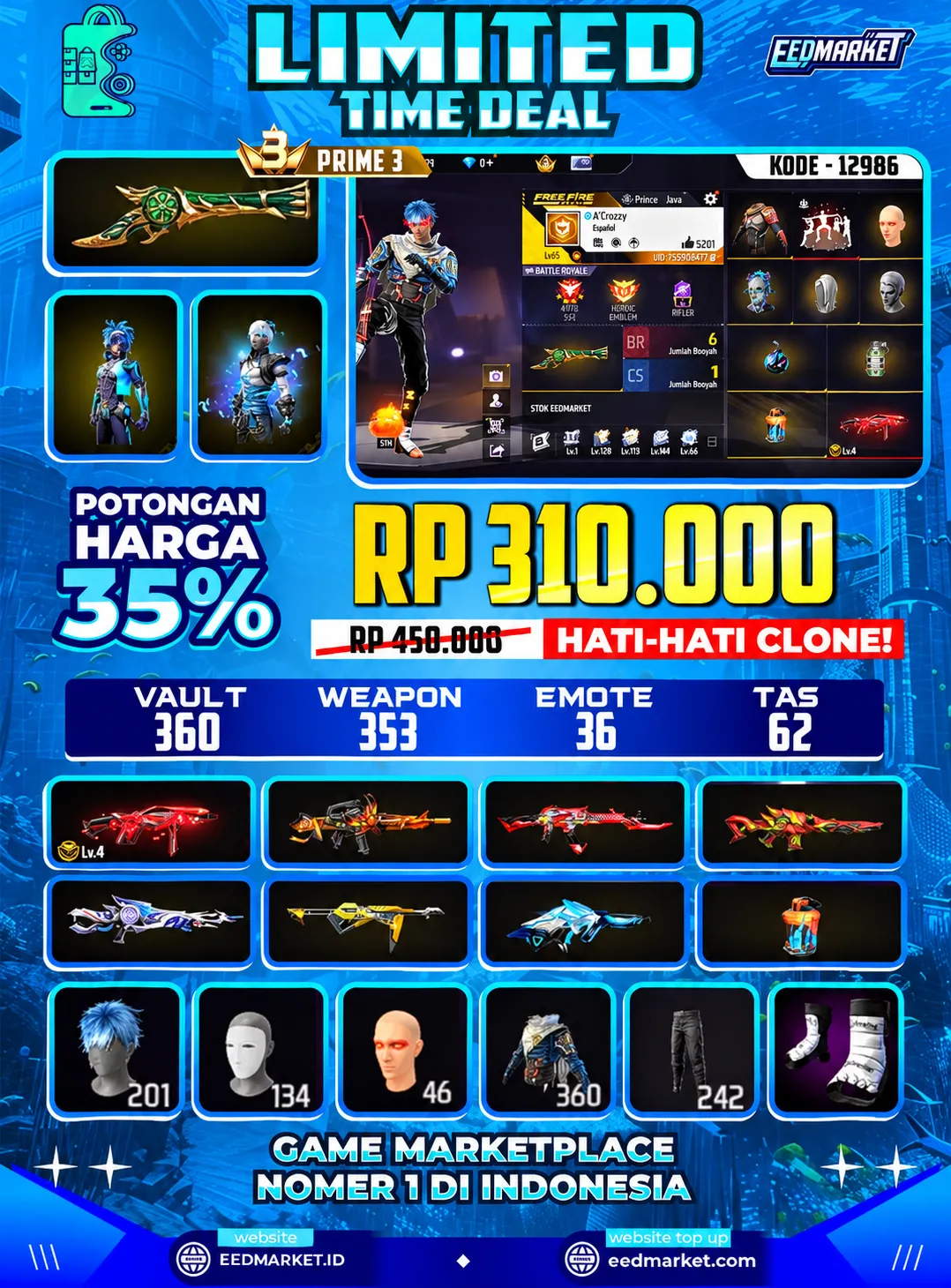 SG2 TROMPET, EVO MP40 LVL4, RAMBUT KAKASIH, TAS NAGA ON, VAULD 360, PRIME 3,